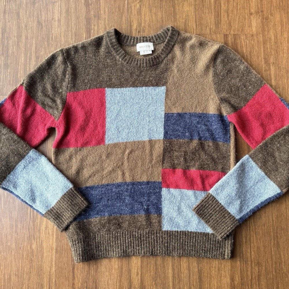 Brixton Fiona Sweater Womens Small Brown Patchwork Color block Crewneck Fall Art